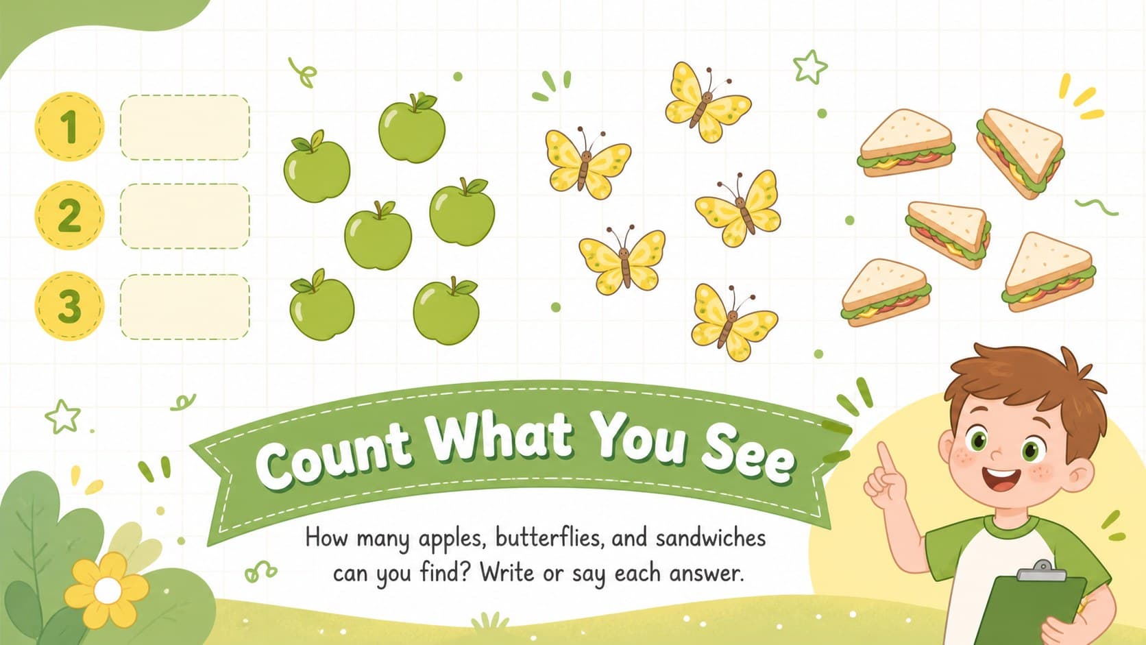 Green and yellow counting challenge from an I Spy game slide deck for kindergarten.