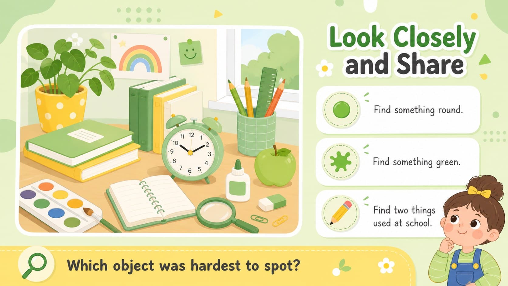 Early learning observation activity slide with picture clues and discussion prompts in green, white, and yellow.