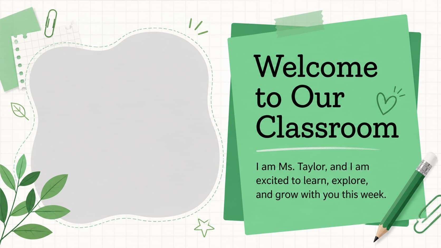 Teacher welcome slide from a back to school classroom presentation with an introduction and greeting.