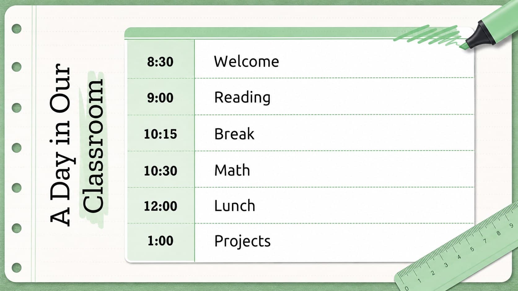 Class schedule template showing an opening-week timetable in a green notebook style.