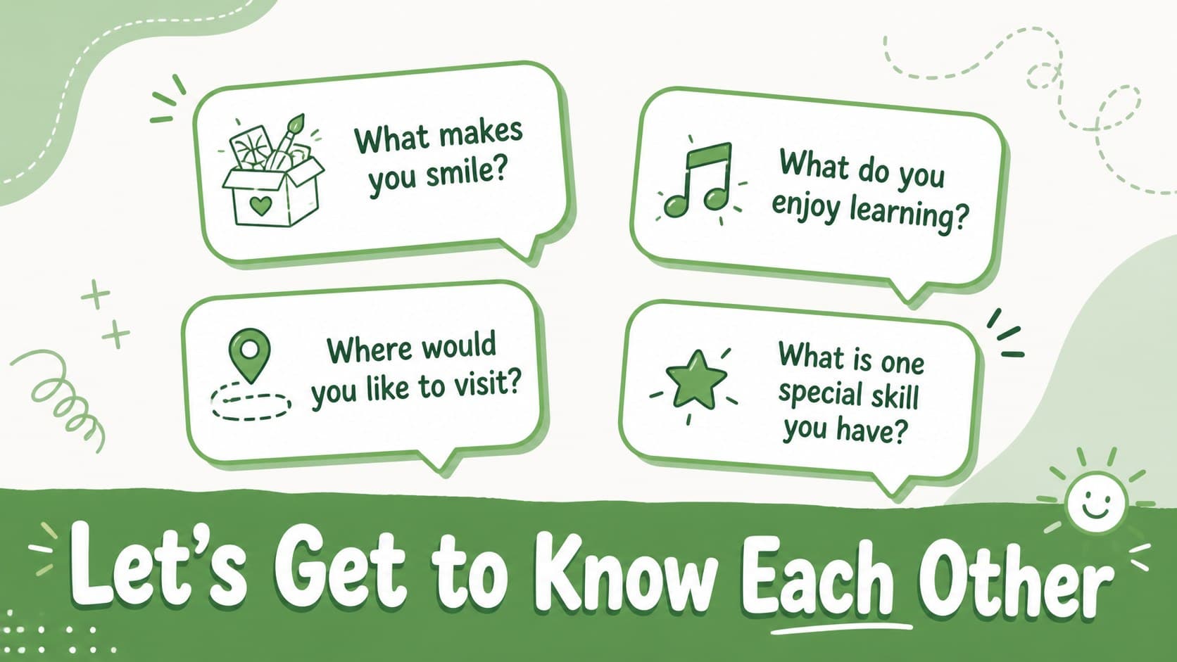 Student icebreaker slide for teachers featuring four friendly getting-to-know-you questions.