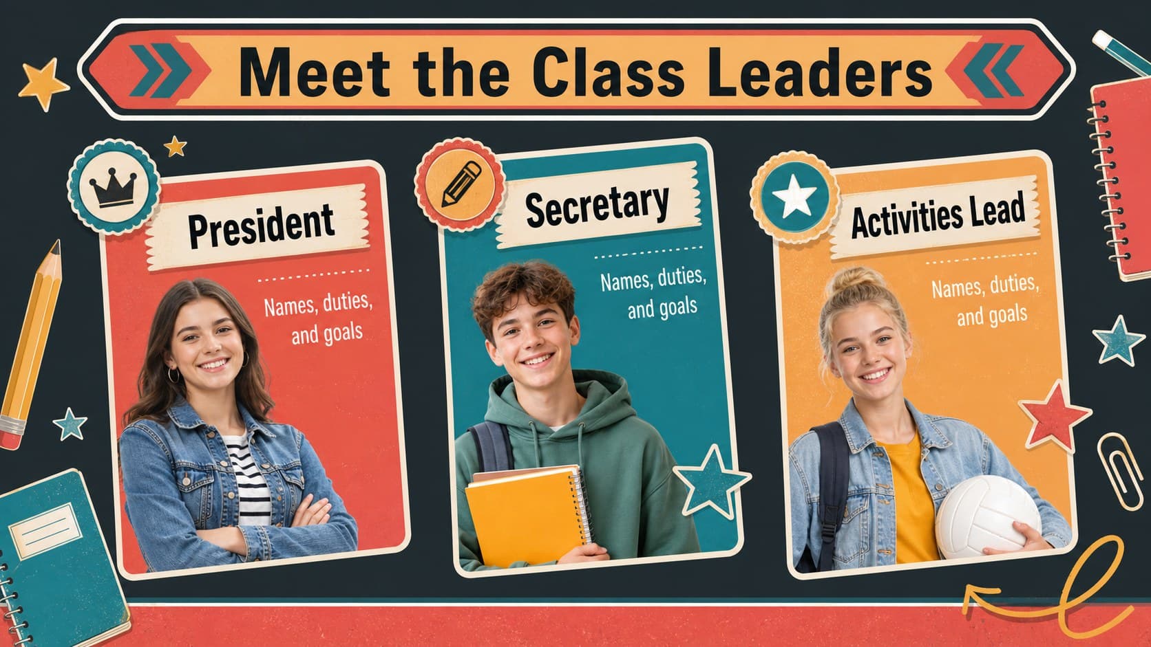 Editable student council roles presentation slide showing a colorful layout for names, titles, and responsibilities.