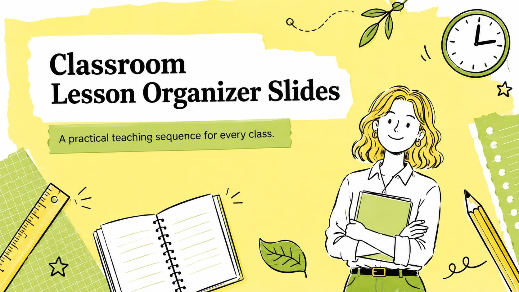 Cover for Classroom Lesson Organizer Slides with yellow, green, and black school doodles surrounding a clear teacher planning title.