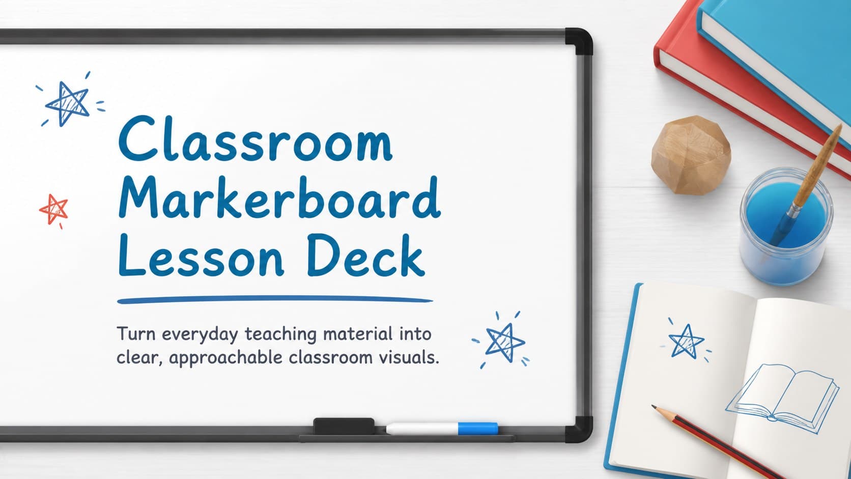 Classroom Markerboard Lesson Deck cover with whiteboard styling, teaching supplies and hand-drawn classroom accents.