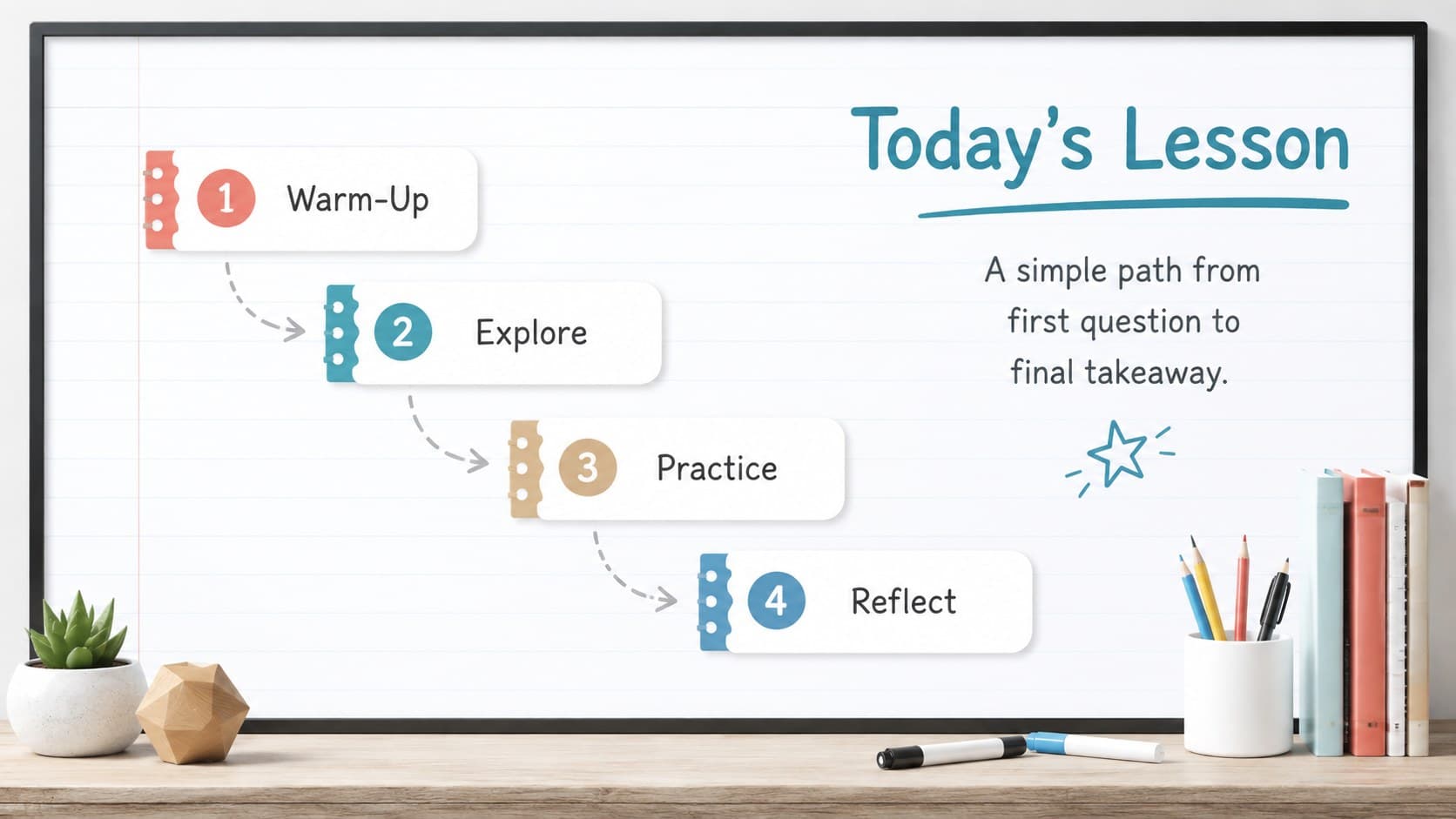 Whiteboard lesson presentation template showing an organized agenda with four classroom activity stages.
