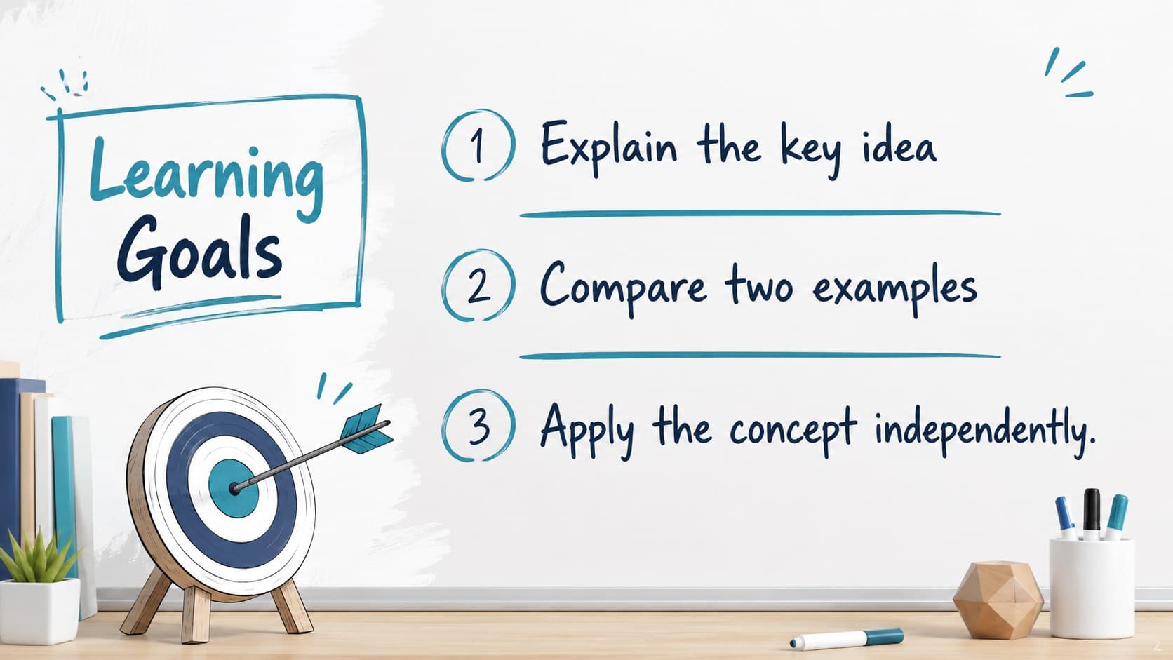 Teacher lesson plan slide presenting three learning goals in a clean markerboard layout.