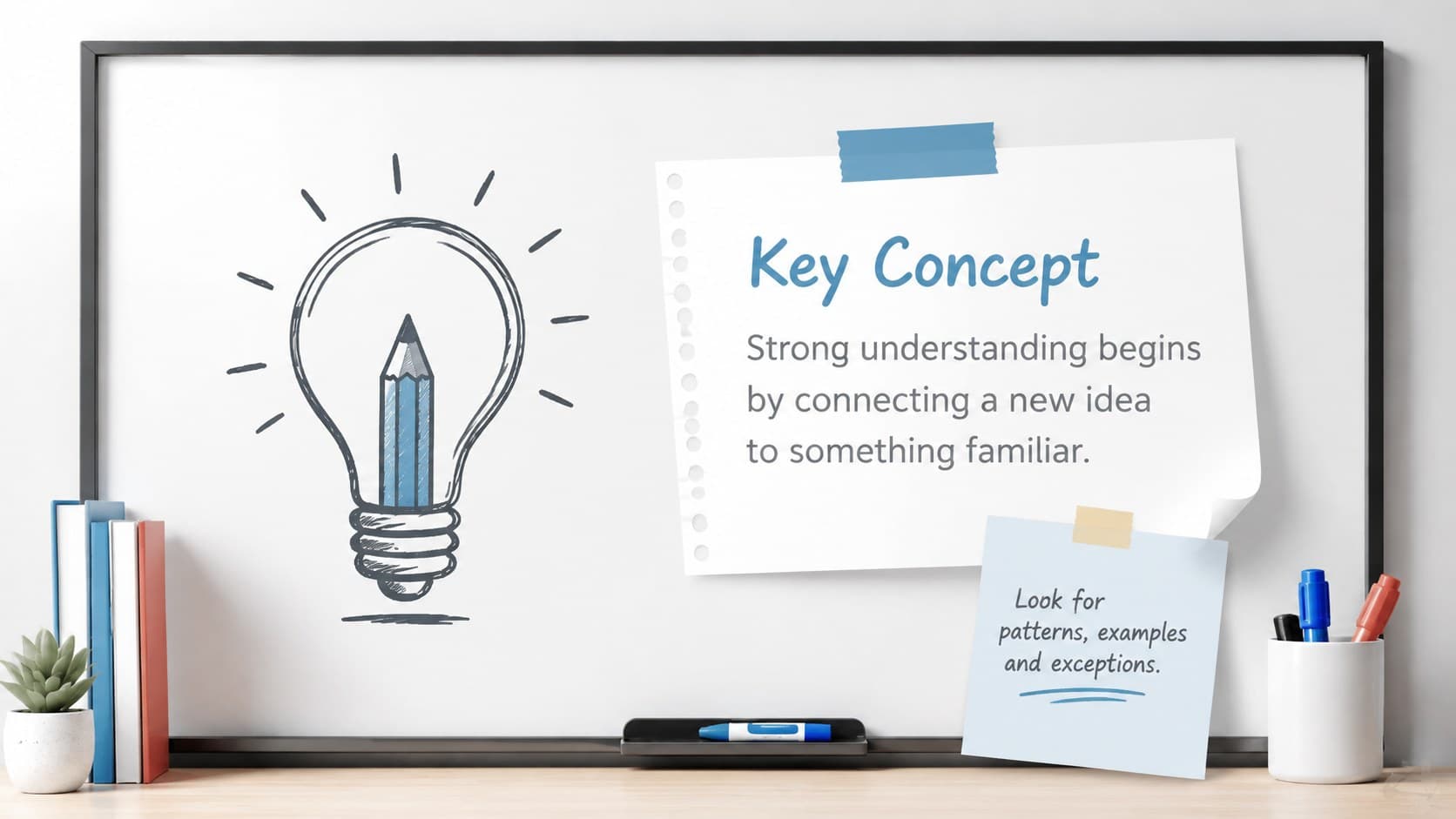 Hand drawn classroom presentation slide explaining a key concept with notes and a lightbulb sketch.