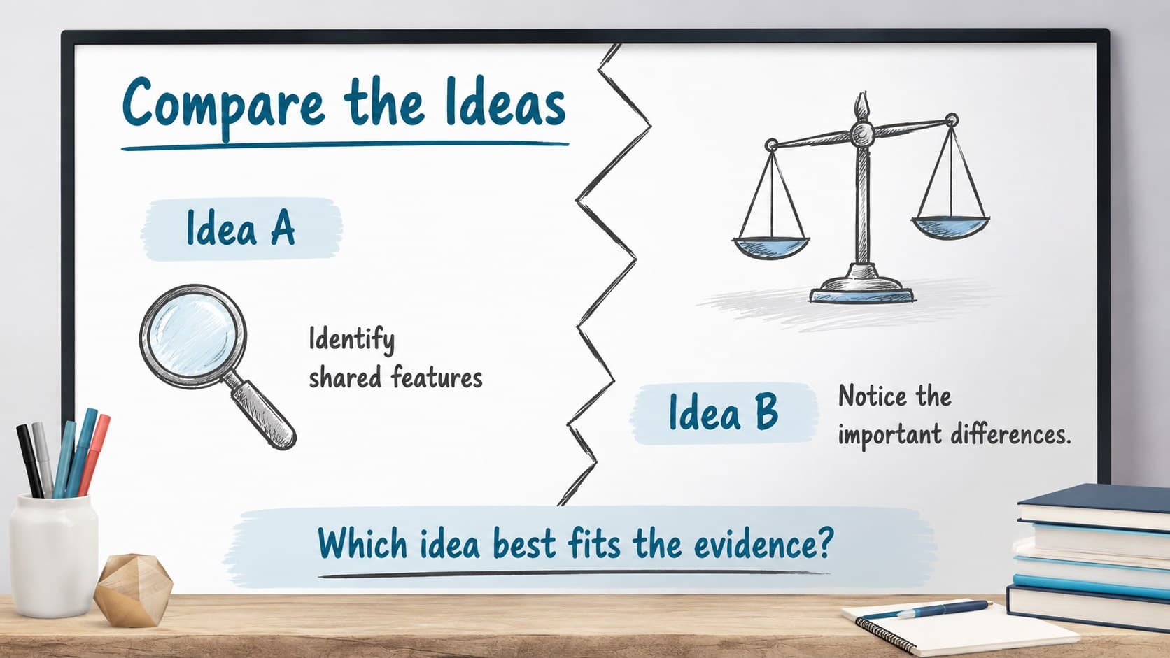 Classroom markerboard comparison slide contrasting two ideas with editable teaching notes.
