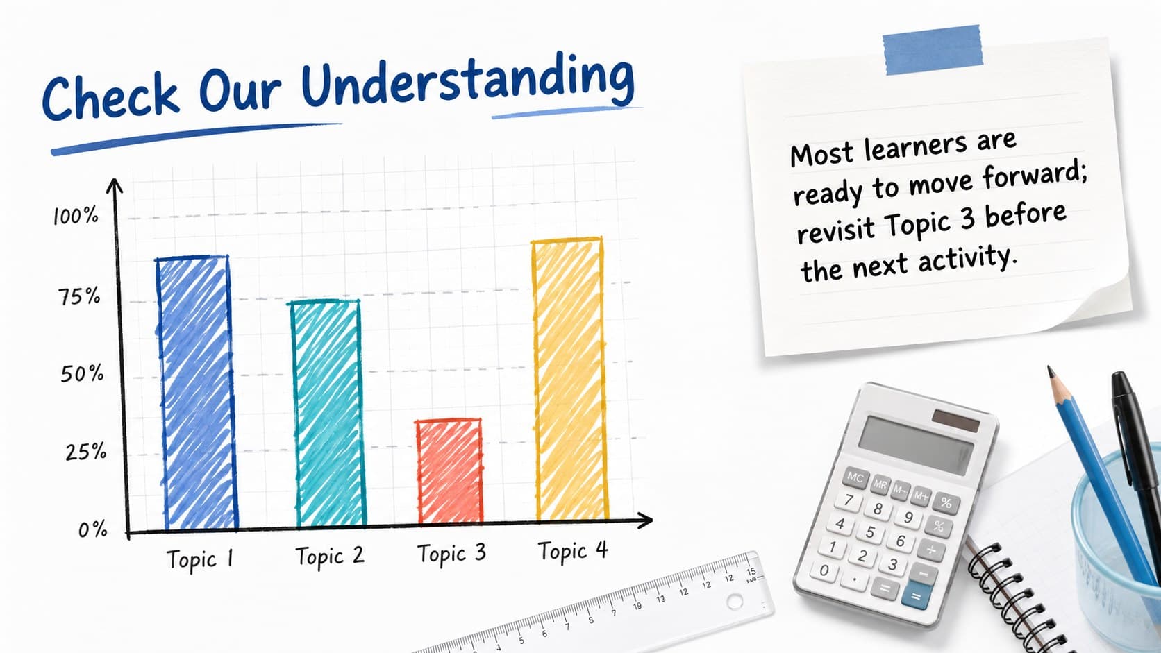 Whiteboard lesson chart displaying student understanding across four classroom topics.