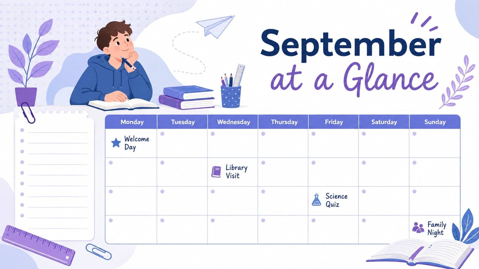 Editable classroom calendar poster showing a September month grid with school events and reminders.