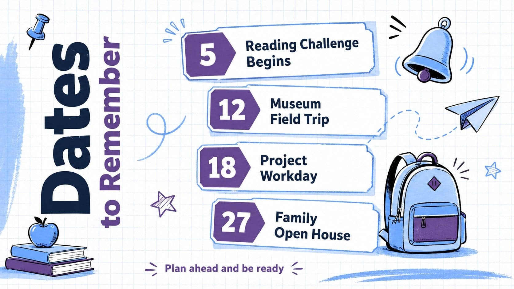School event schedule poster listing important dates, deadlines, and classroom activities.