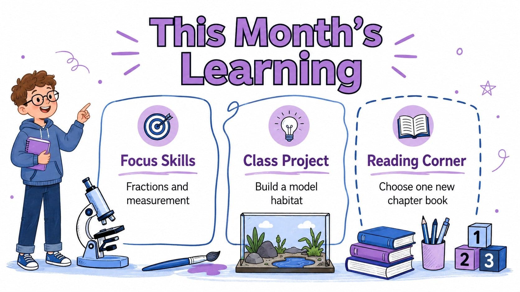 Monthly classroom planning template with sections for learning goals, projects, reading, and key skills.