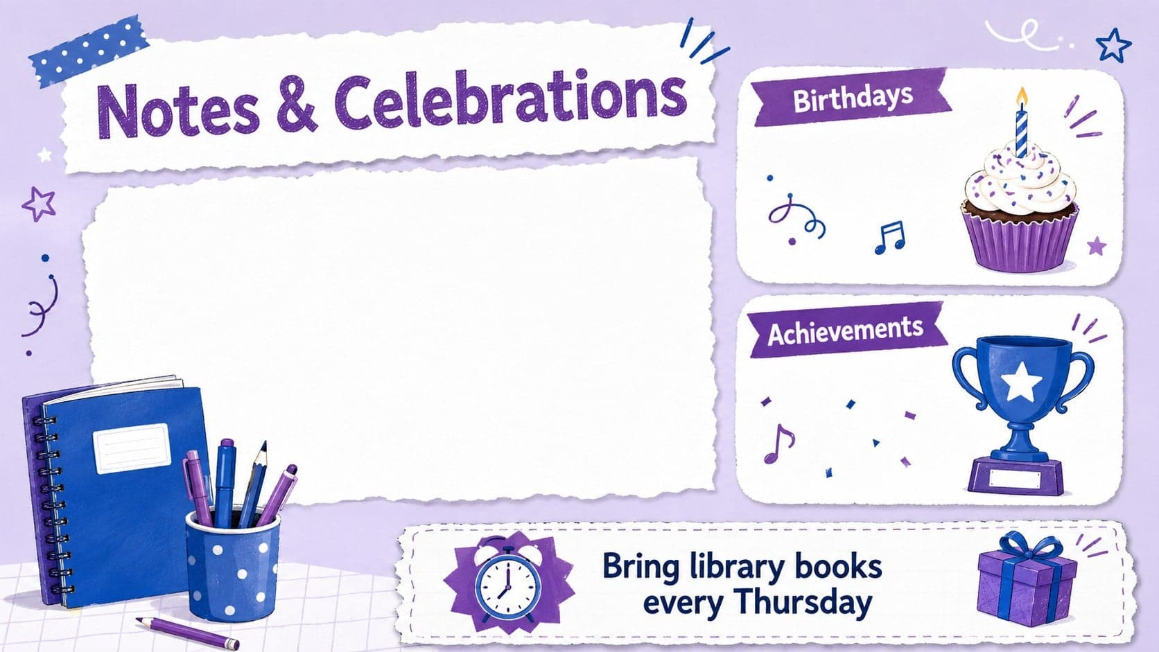 Teacher wall calendar slide featuring classroom notes, celebrations, and monthly reminders.