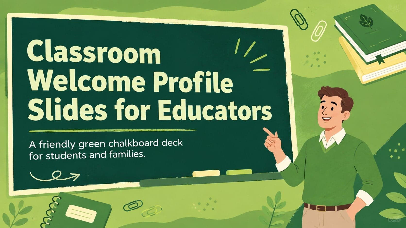 Cover for Classroom Welcome Profile Slides for Educators with green chalkboard styling and an original illustrated teacher.