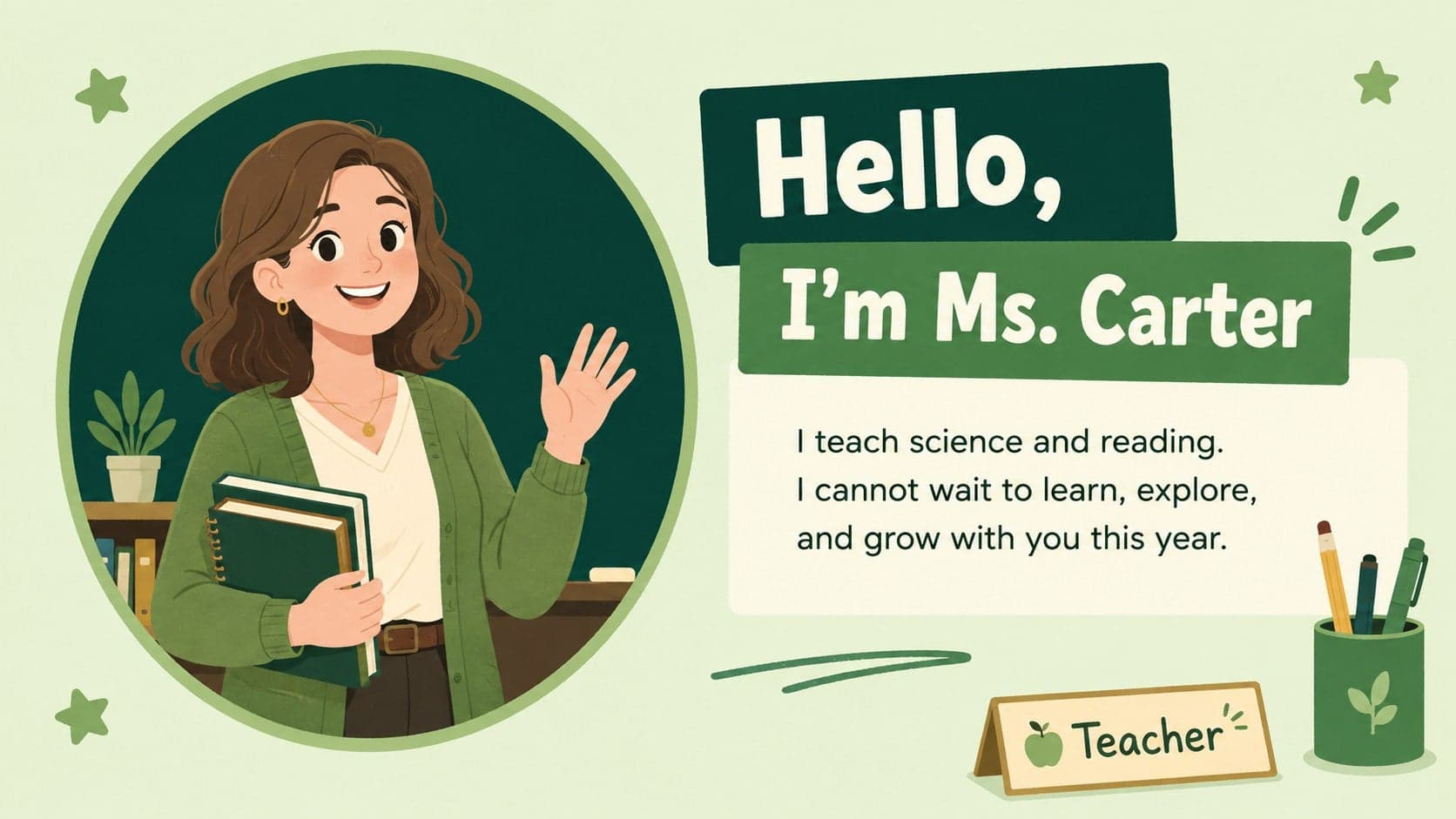 Illustrated teacher profile slide with a welcome message and editable classroom introduction details.