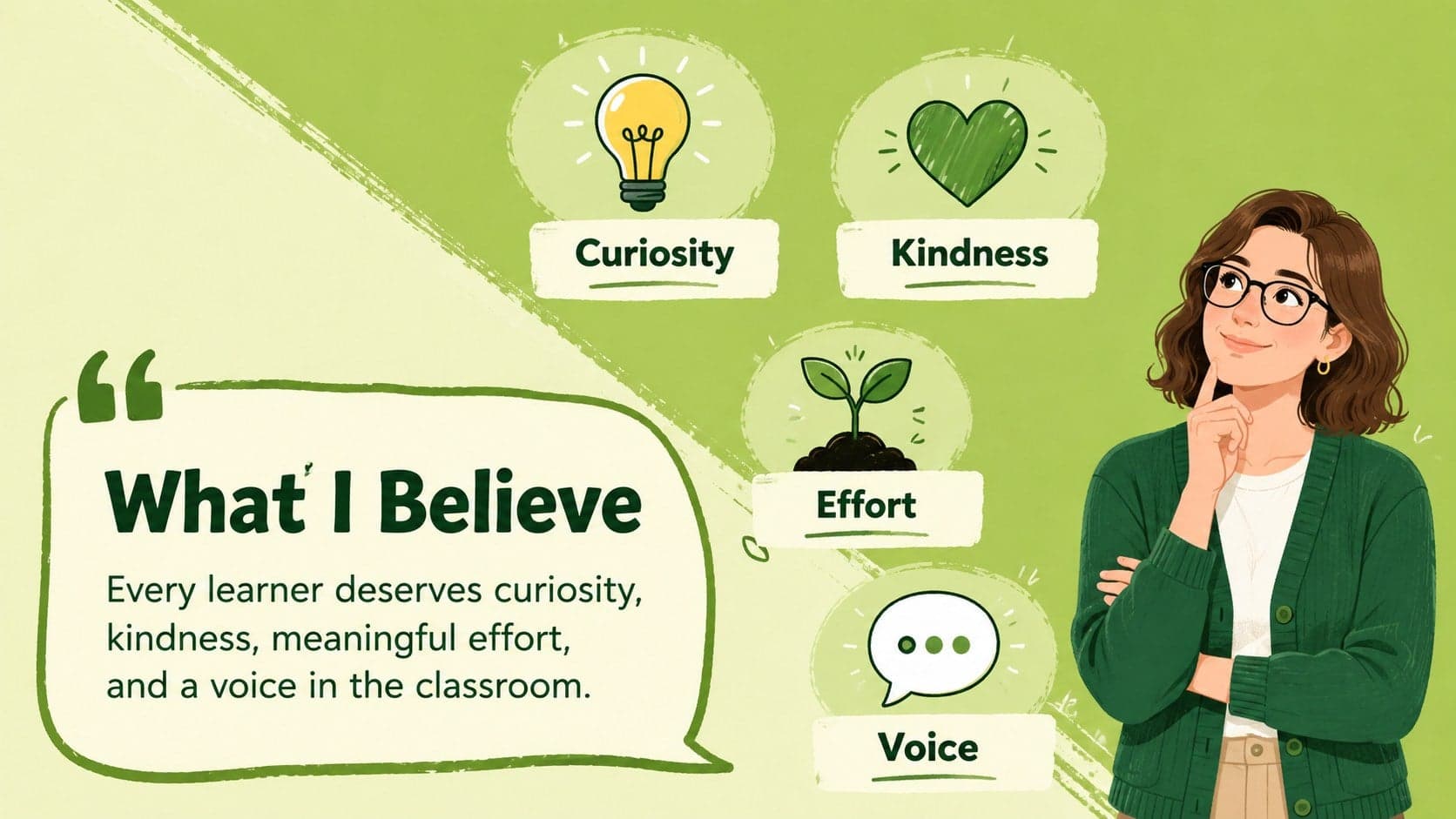 Green illustrated teaching philosophy slide featuring curiosity, kindness, effort, and student voice.