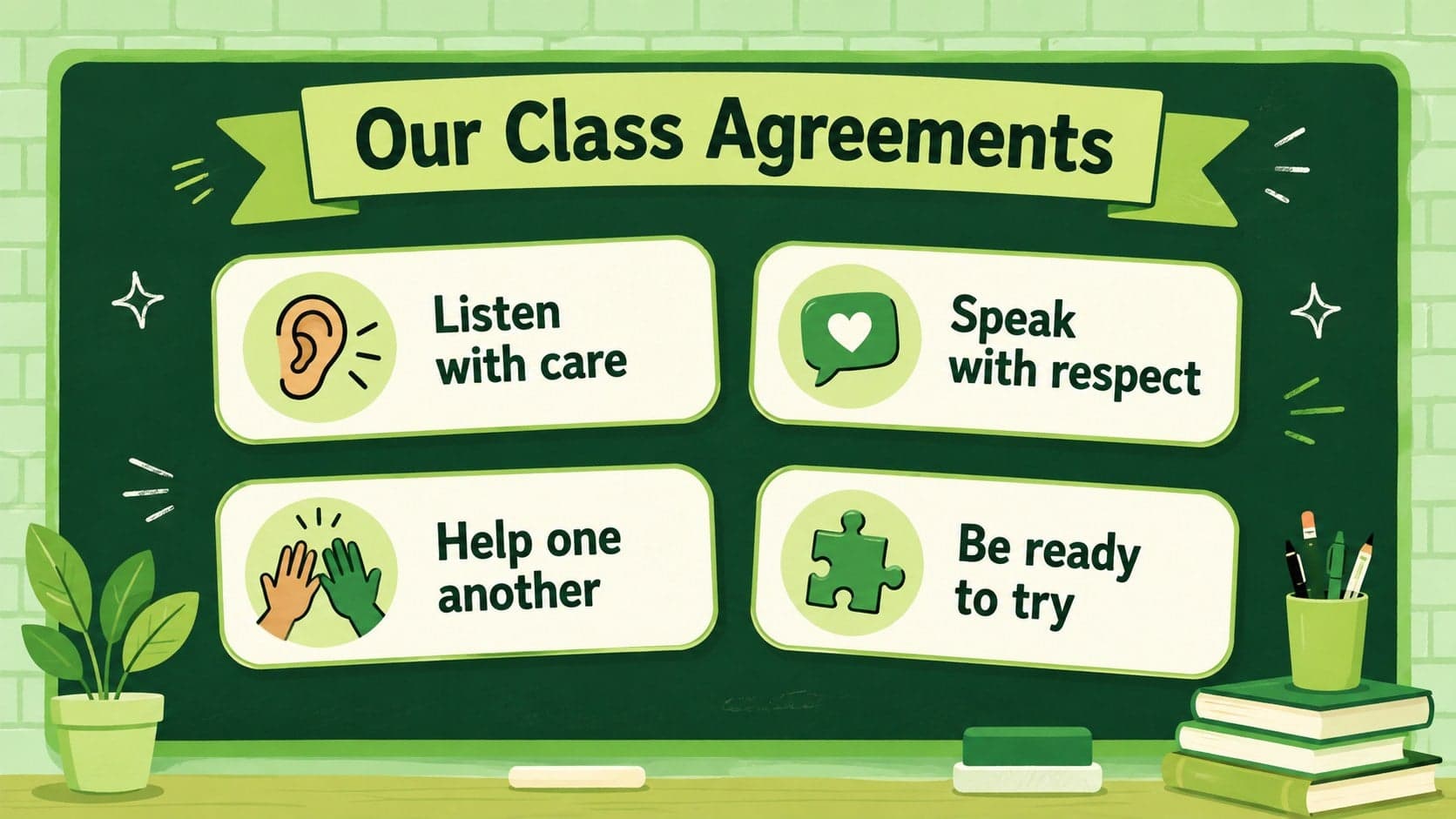 Class agreements slide presenting four student-friendly expectations in a green chalkboard layout.