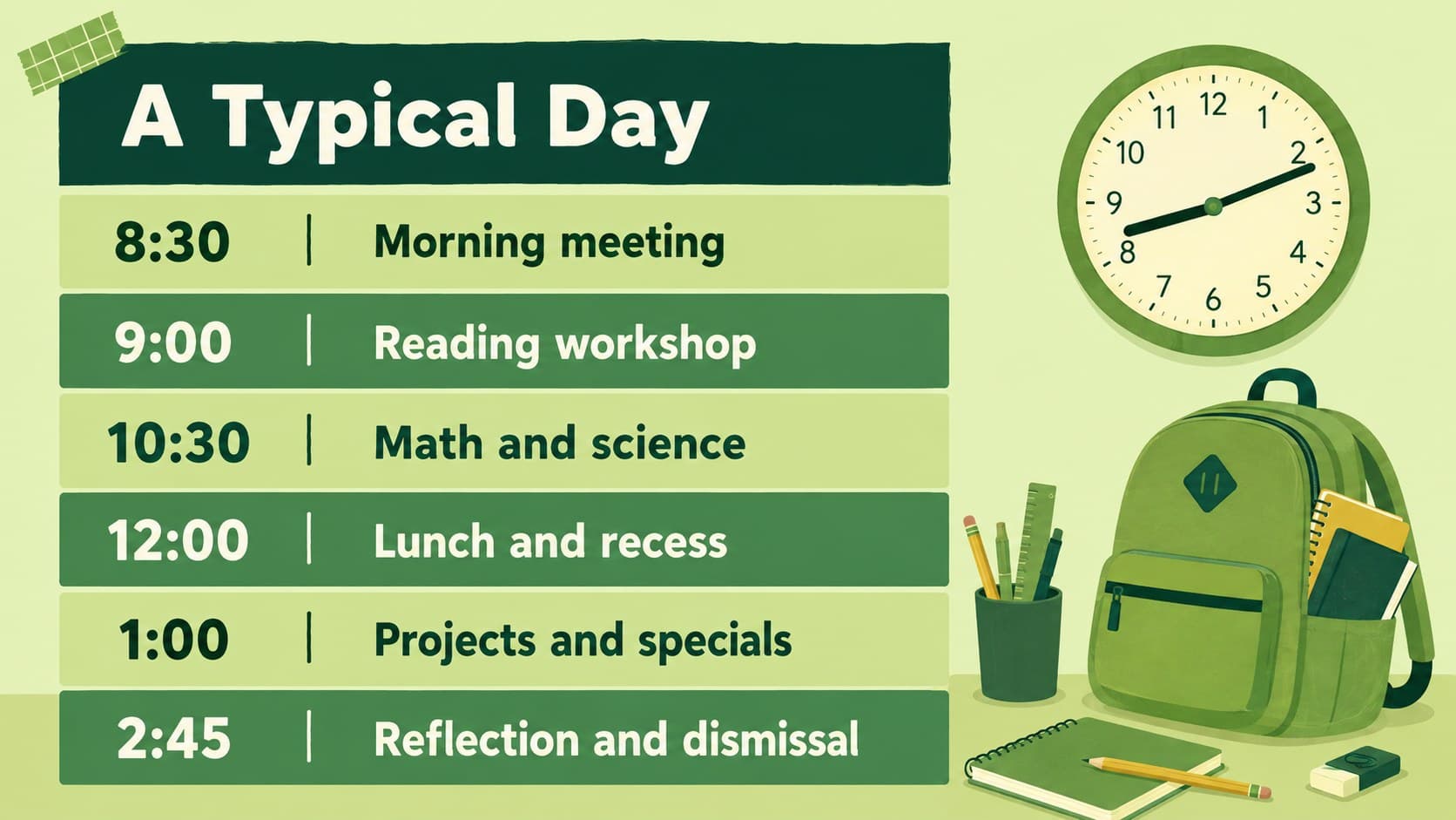 Daily classroom schedule slide with morning, midday, afternoon, and dismissal activities.
