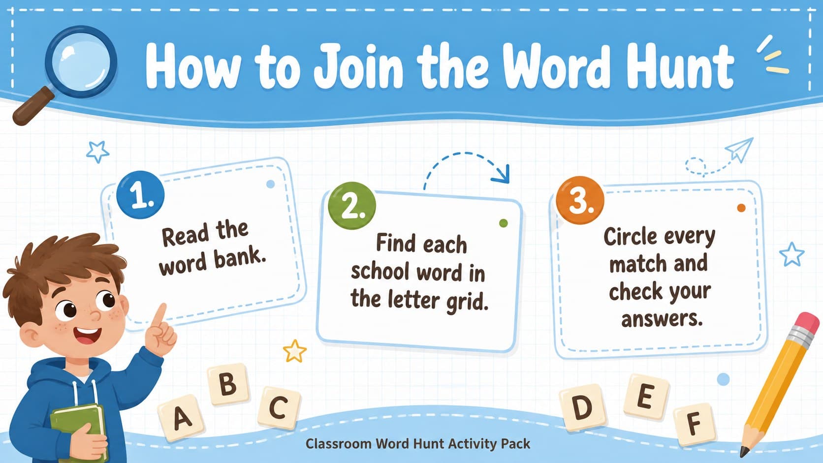 Instruction slide for an elementary classroom word hunt activity with three illustrated steps.