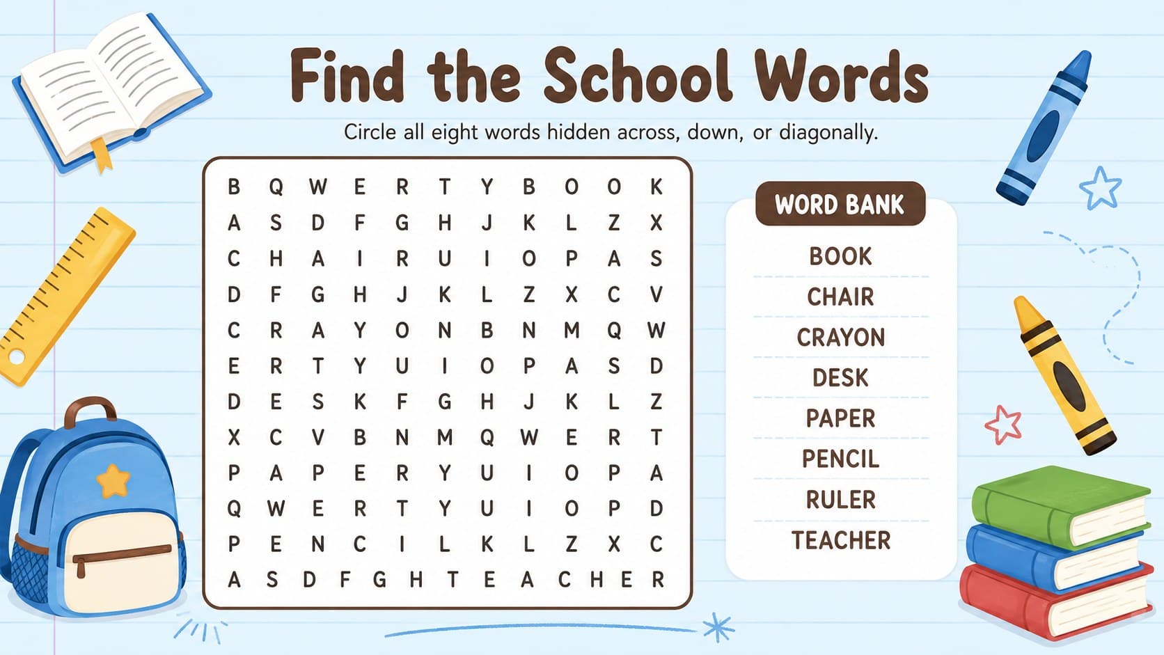 Editable school vocabulary puzzle slide with a letter grid and classroom-themed word bank.