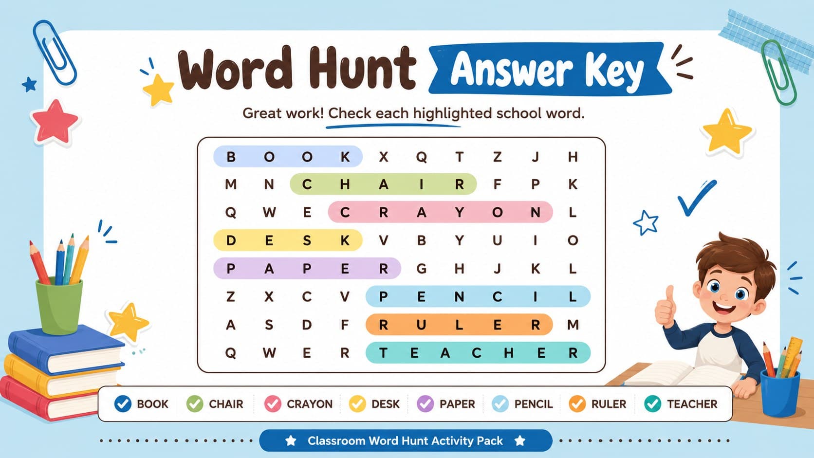 Classroom word hunt answer key showing school vocabulary highlighted in a colorful letter grid.