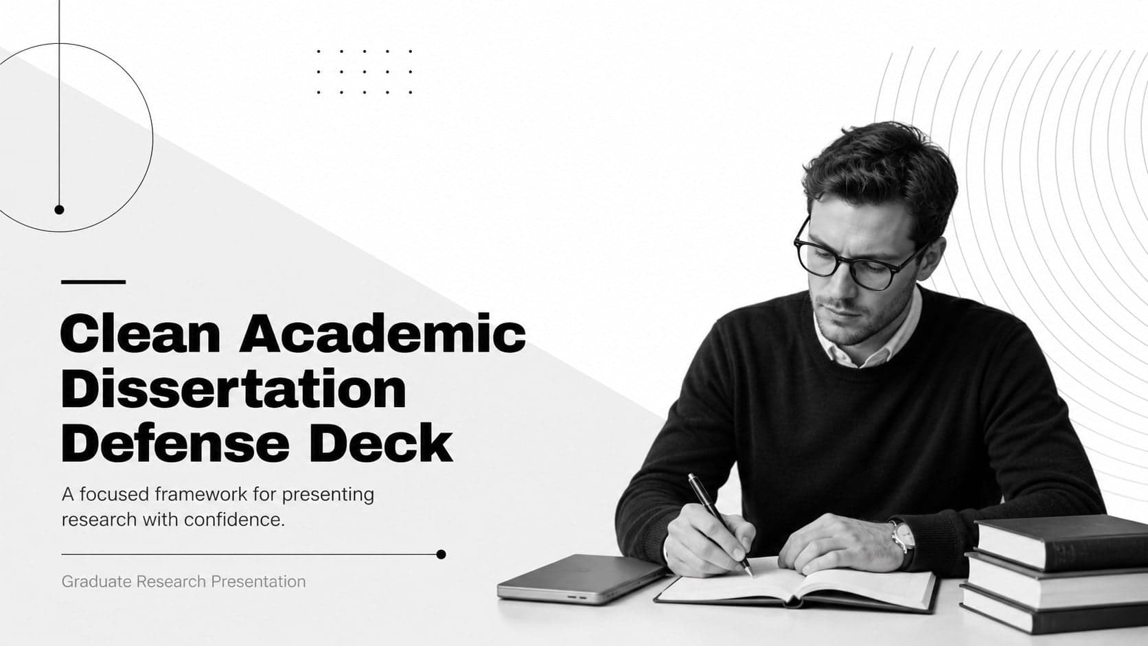 Cover of a clean academic dissertation defense deck with bold black typography and restrained geometric details.