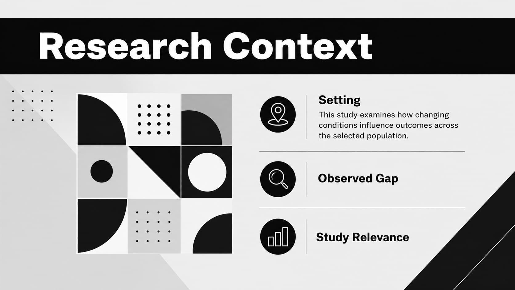 Research context slide in a graduate thesis presentation layout with a concise problem overview.
