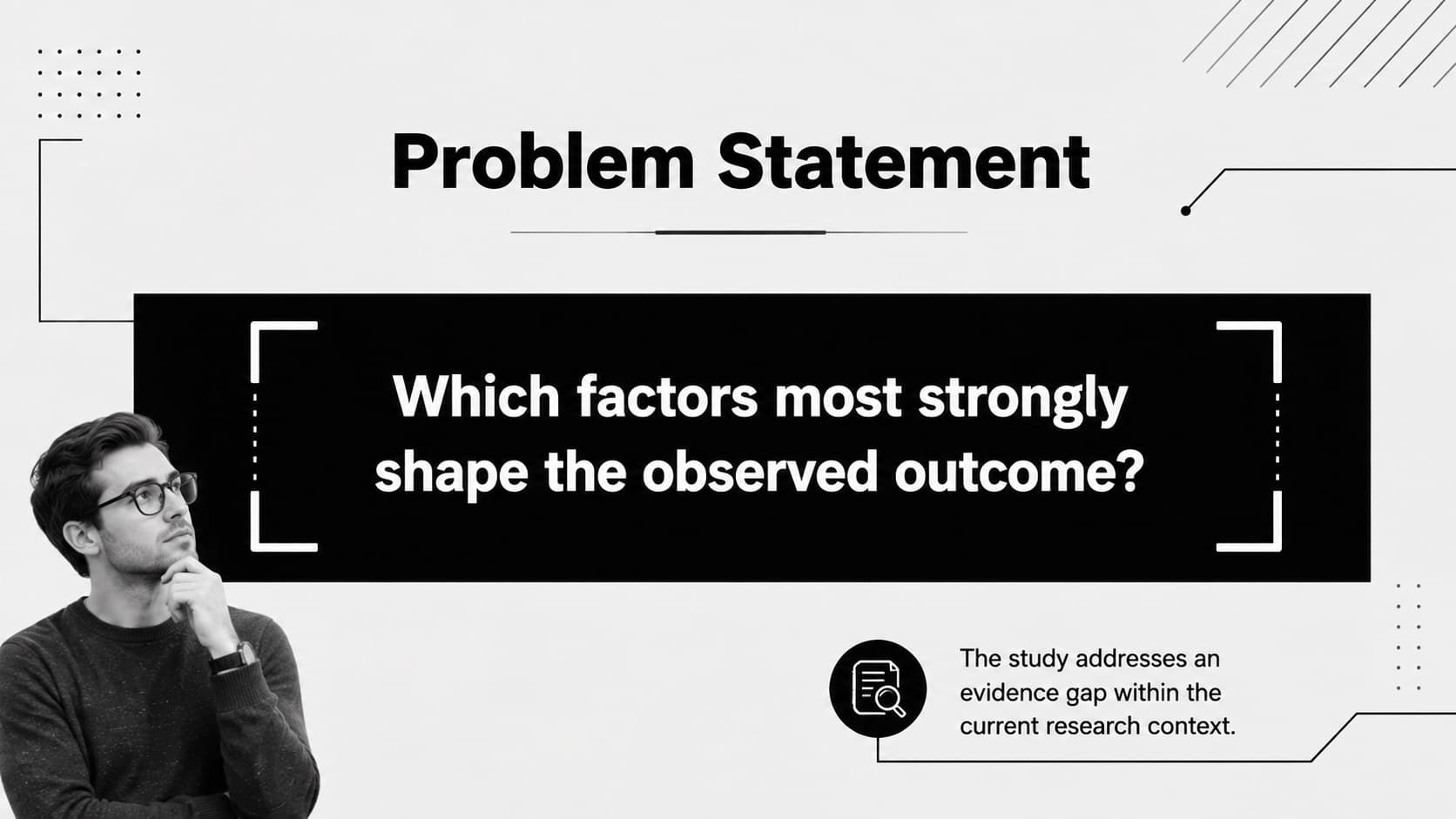 Problem statement slide from a university research defense template with a central research question.