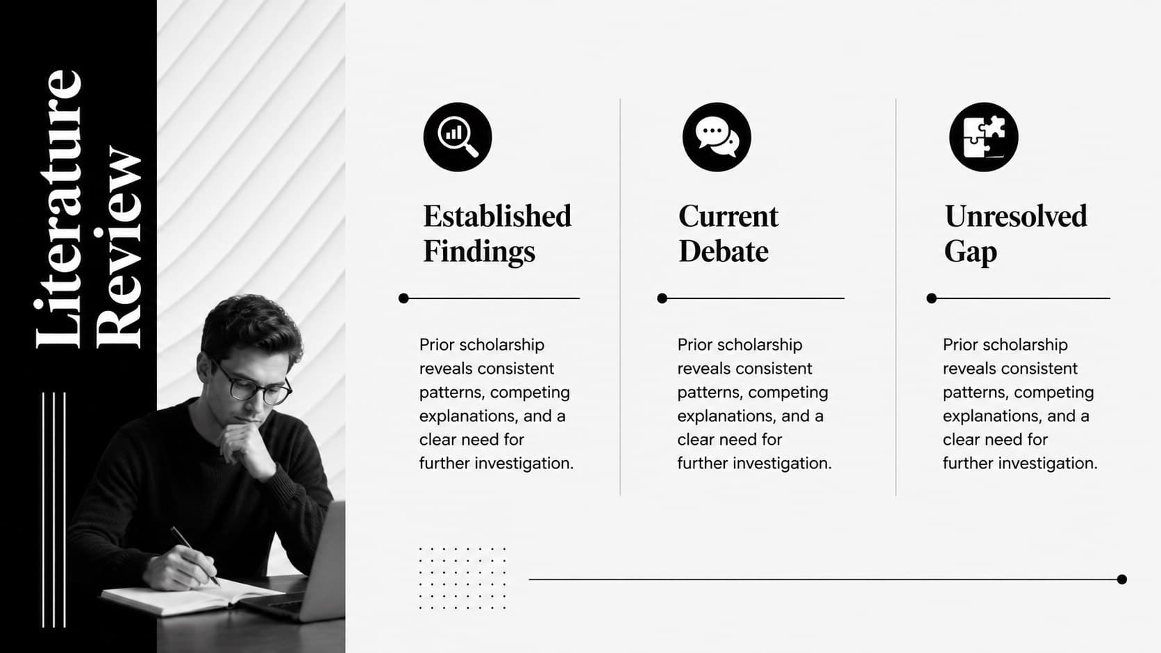 Literature review slide for a clean dissertation presentation template featuring three scholarly themes.