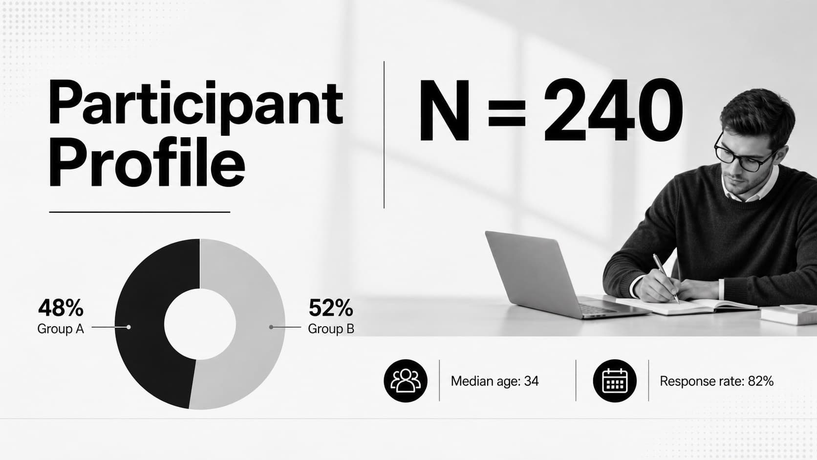 Participant profile slide in a black and white research presentation with demographic statistics.