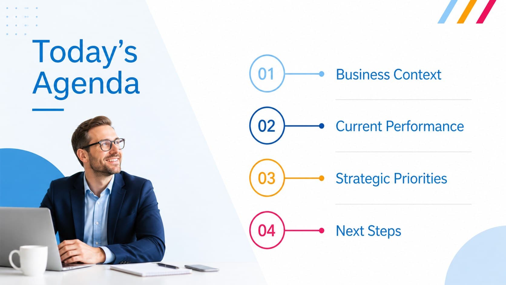 Minimal corporate agenda slide outlining four sections for a structured business meeting.