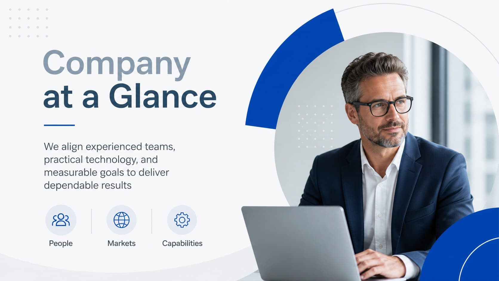 Modern company overview slide with concise business facts and a clean image layout.