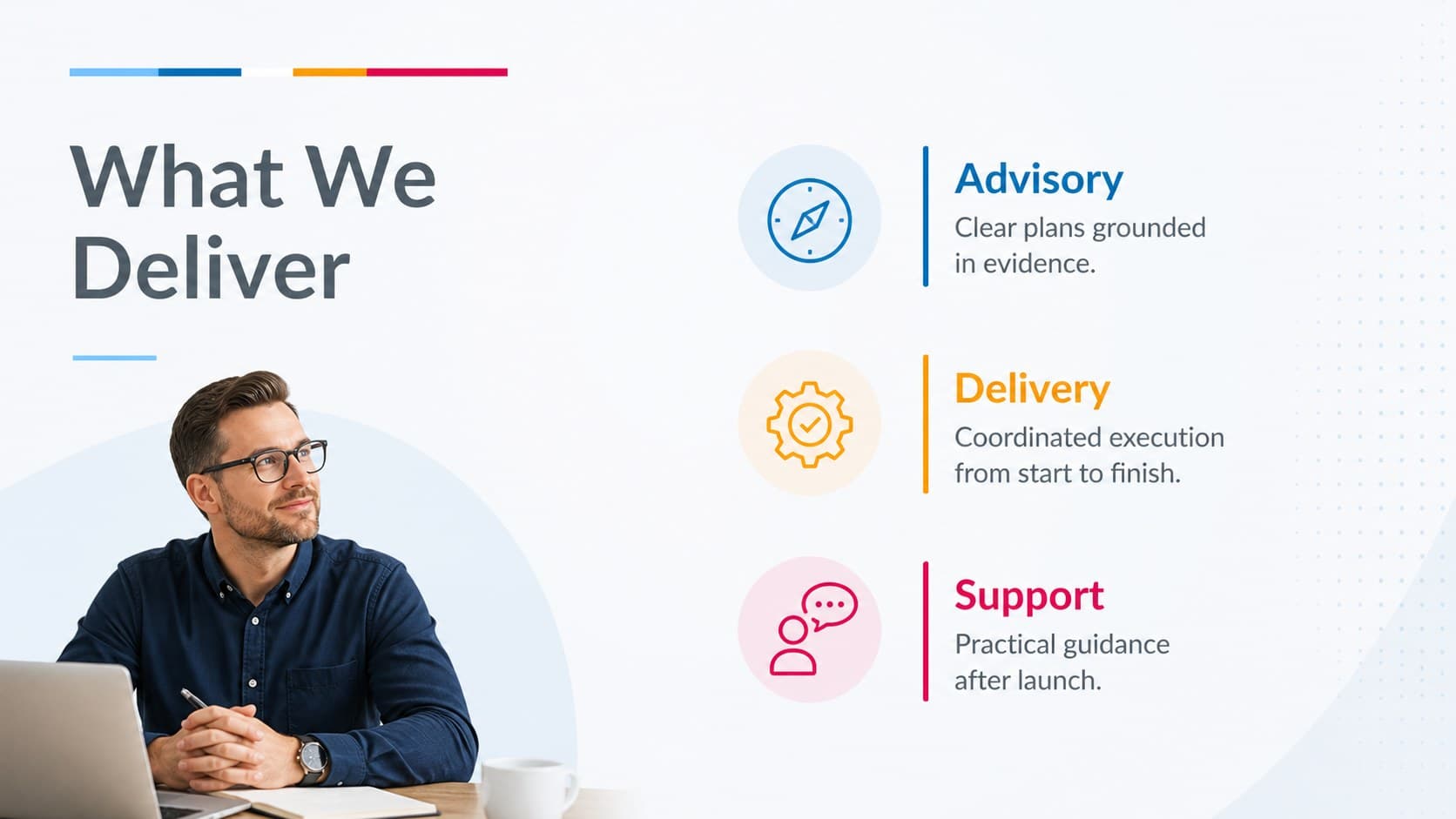 Minimalist company profile slide summarizing consulting, delivery, and support capabilities.