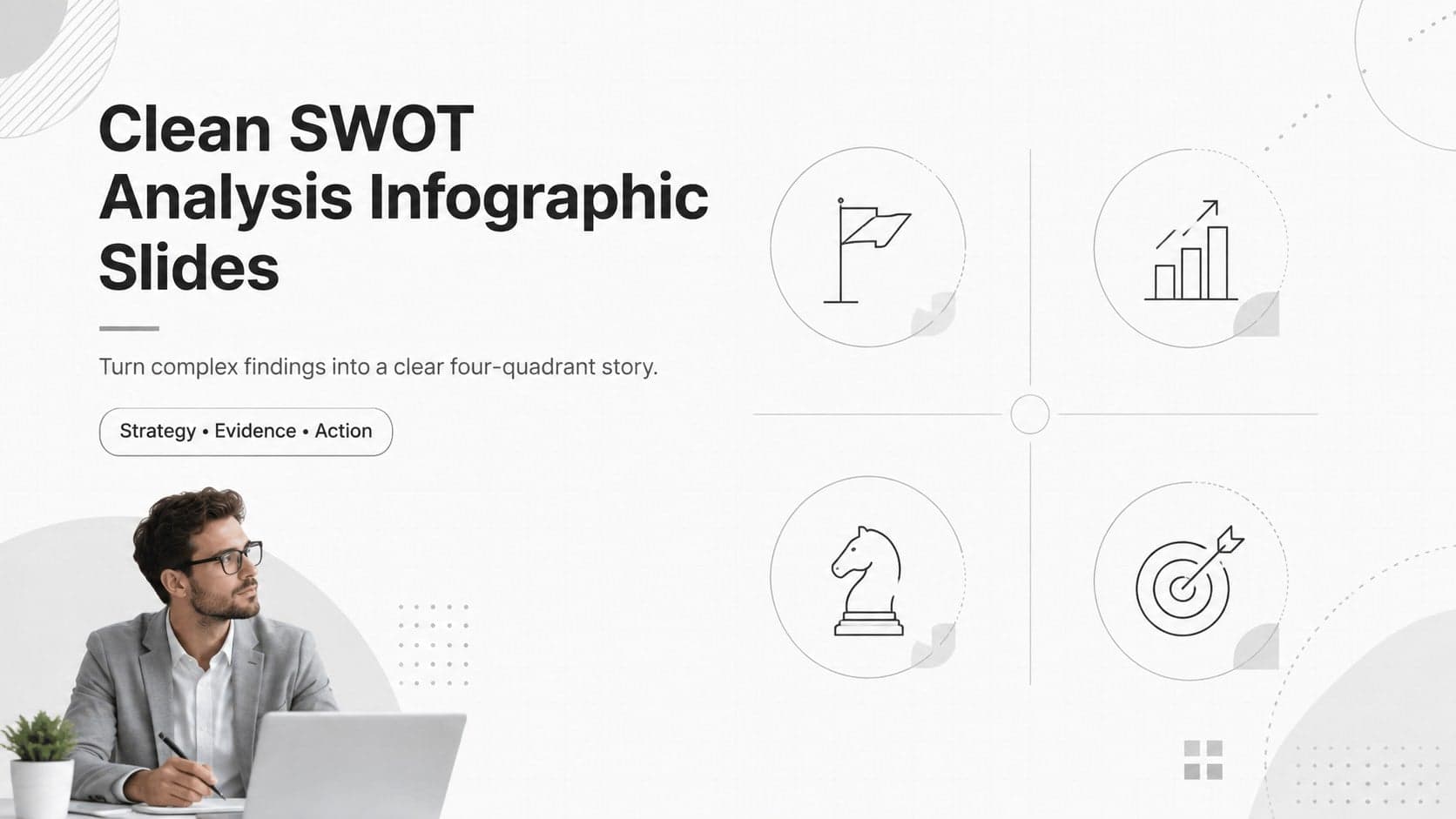 Cover for clean SWOT analysis infographic slides with a minimalist white business strategy layout.