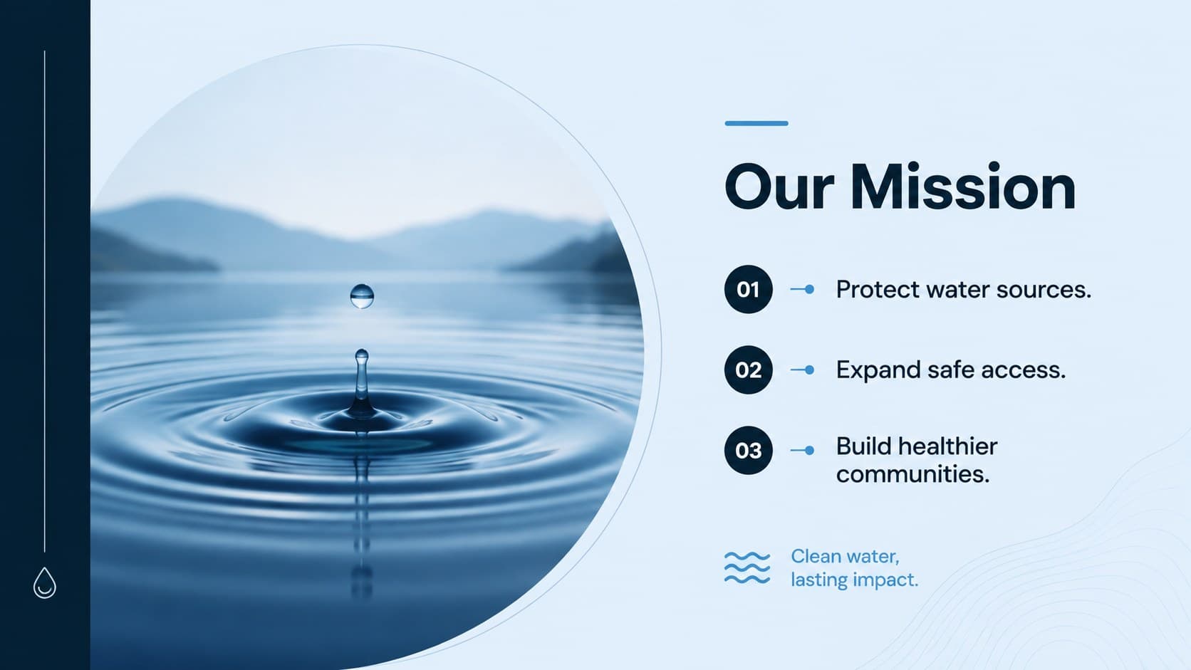 Minimal nonprofit mission slide explaining a clean water campaign goal with blue ripple graphics.