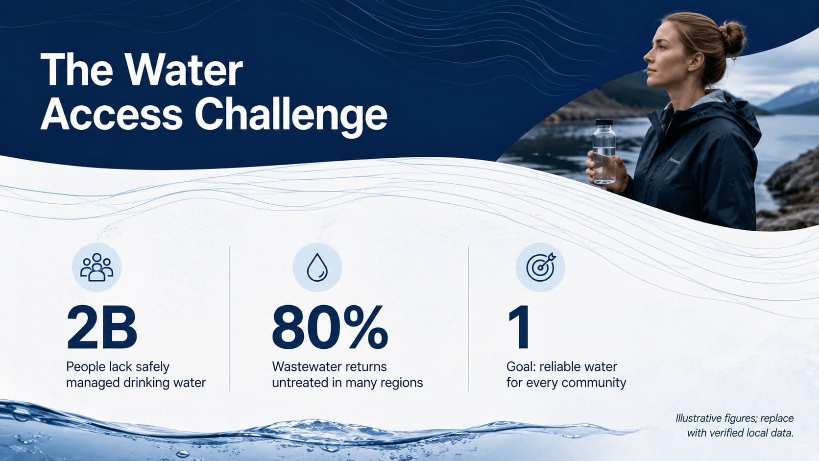 Clean water nonprofit presentation slide showing three water-access challenge statistics.