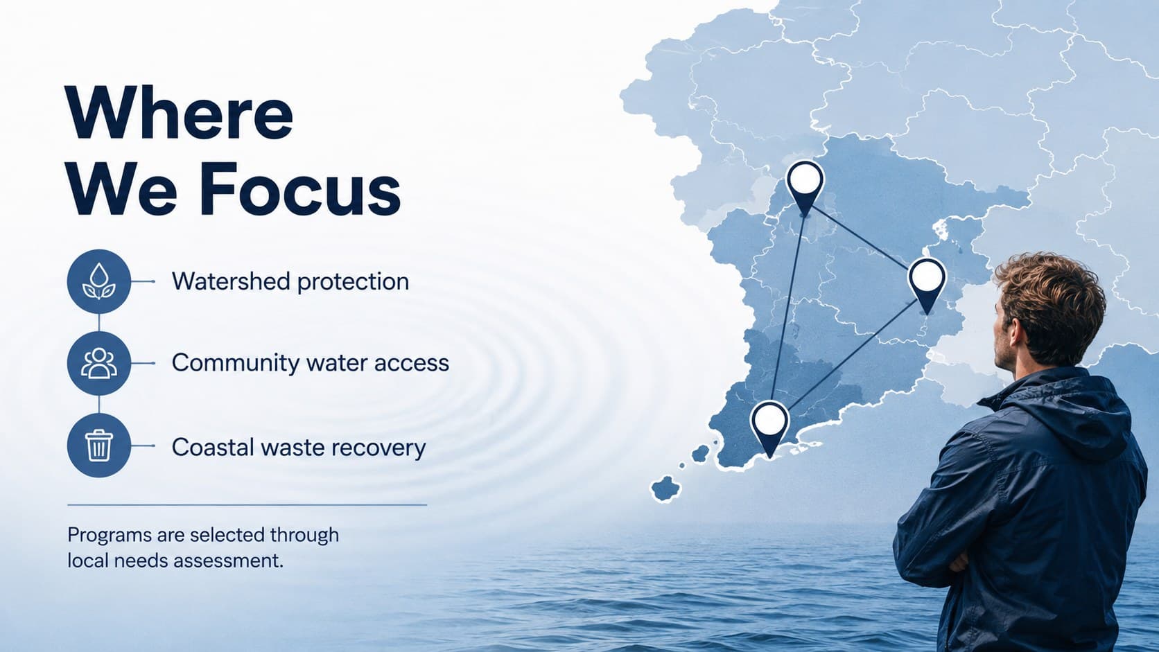 Environmental foundation slide mapping priority areas for clean water and coastal action.