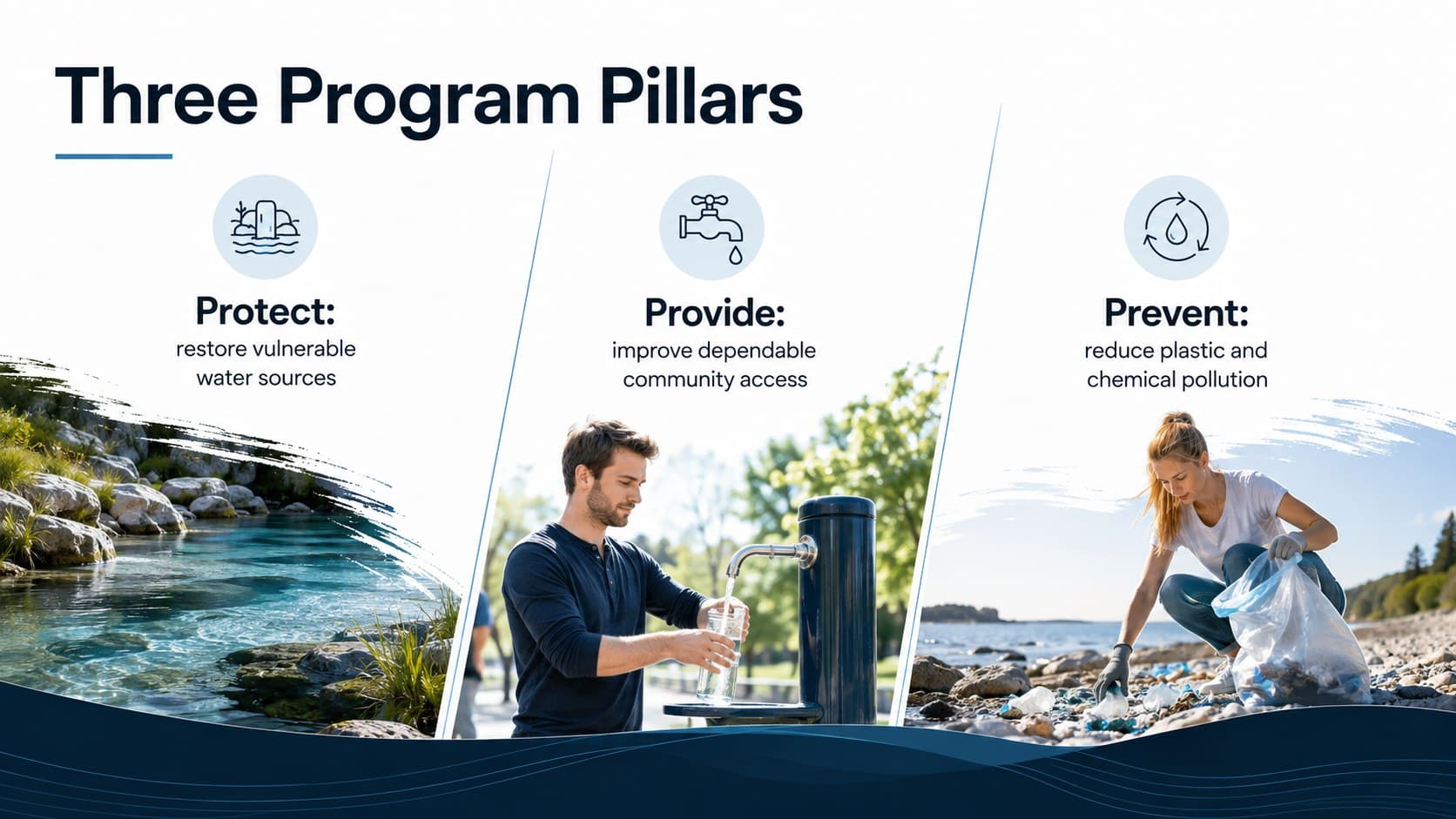 Modern blue nonprofit slide presenting three pillars of a clean water program.