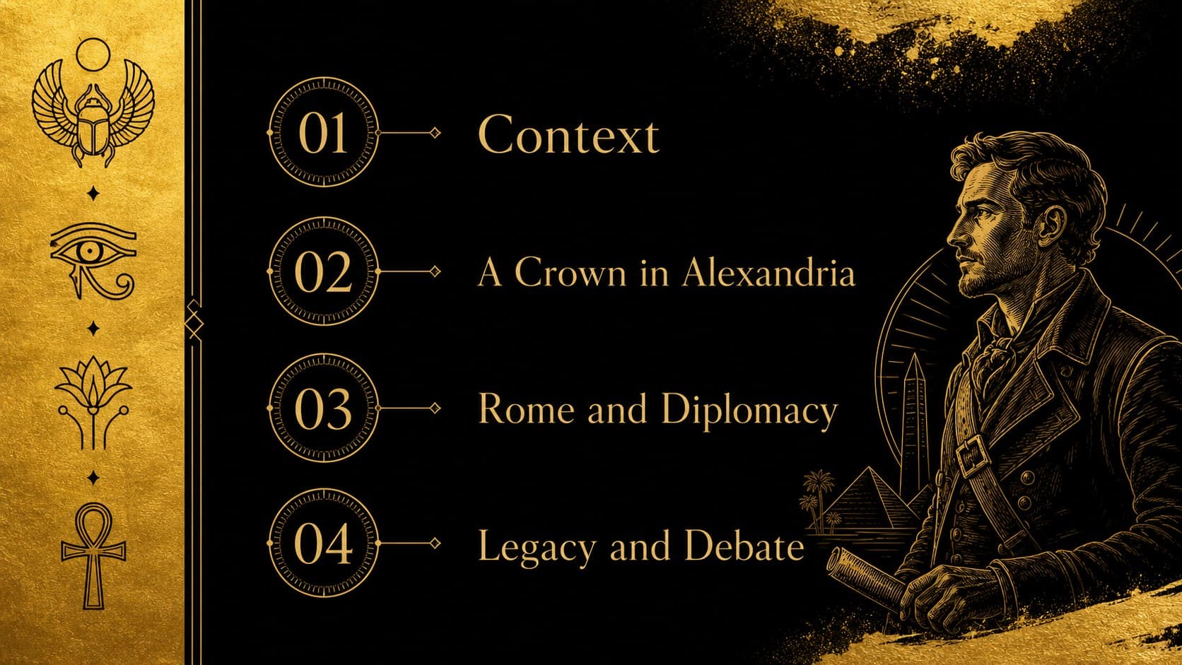 Agenda slide outlining the main sections of an ancient Egypt biography slides presentation.