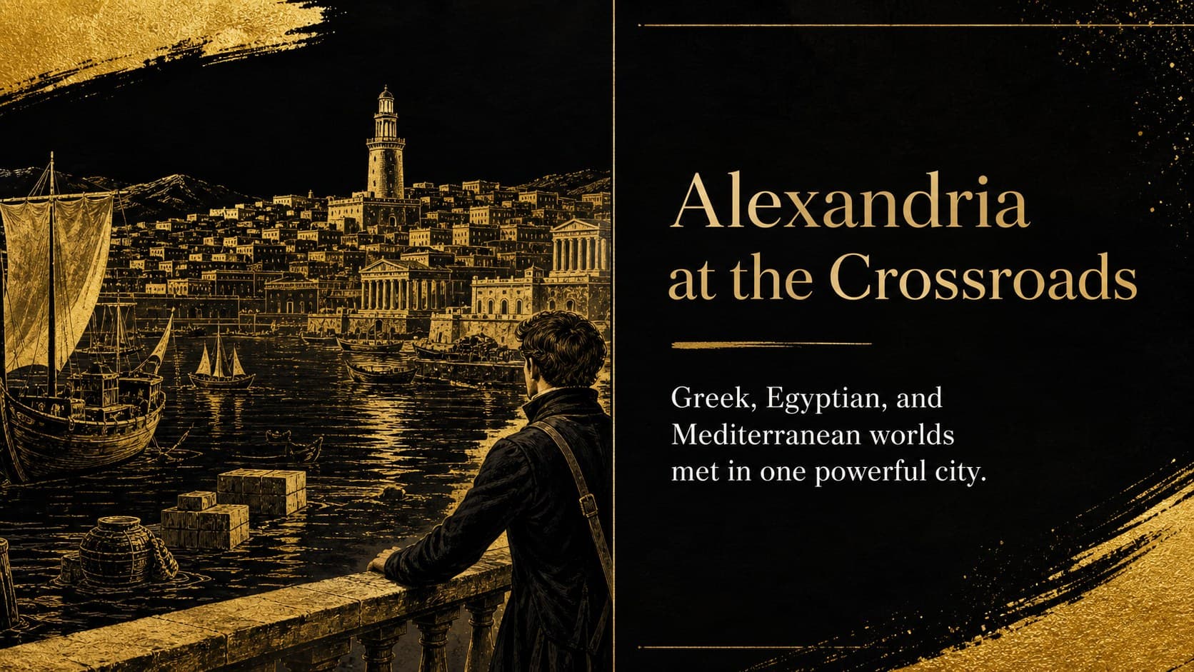 Historical context slide for a Cleopatra presentation for students, featuring Alexandria and the Ptolemaic dynasty.