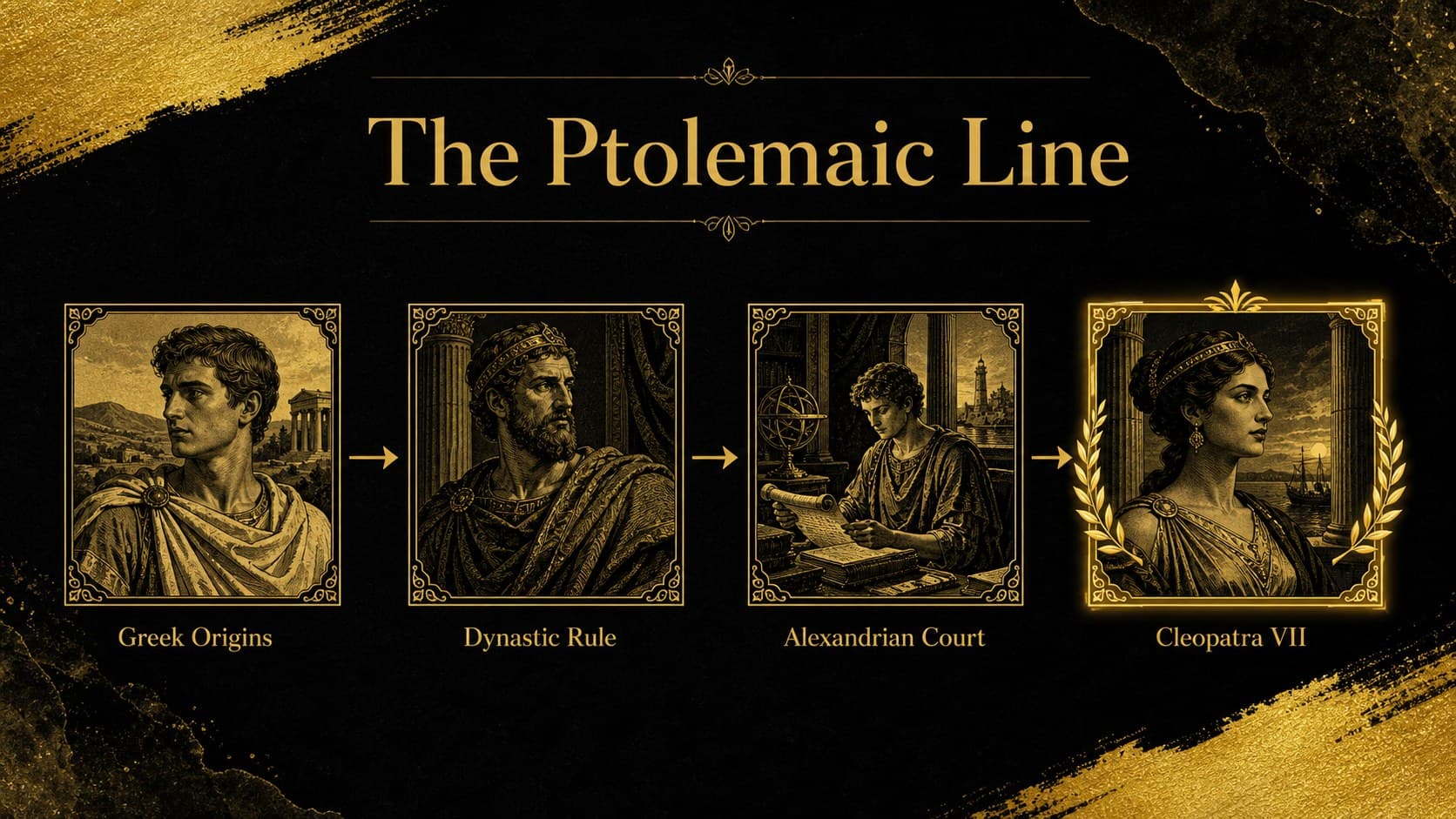 Ptolemaic dynasty lesson deck slide presenting Cleopatra's family and royal succession.