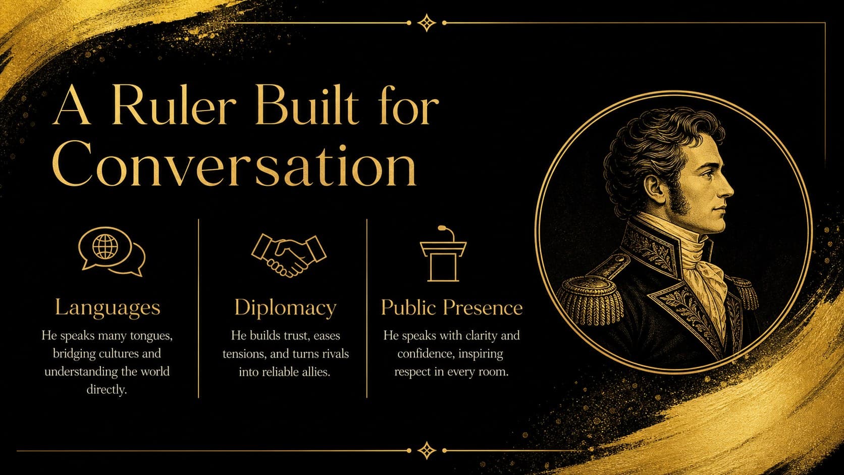 Cleopatra history presentation slide showing an illustrated profile of her education, languages, and leadership.