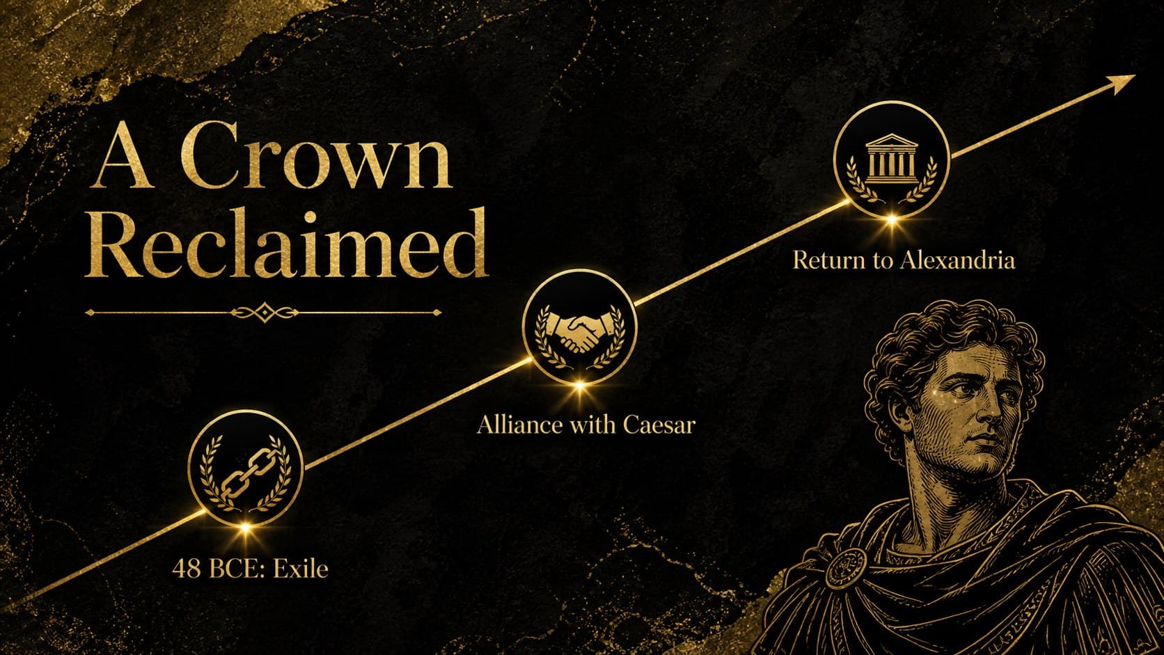 Ancient Egypt biography slides page explaining Cleopatra's return to the throne through a dramatic timeline.