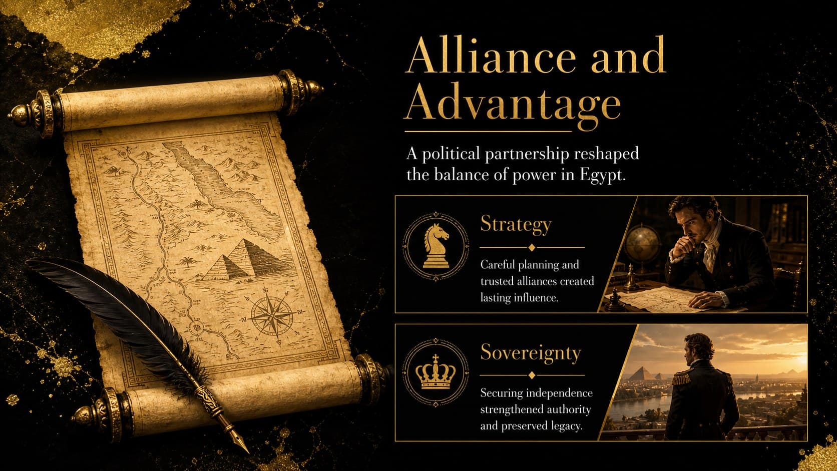 Queen of the Nile lecture slides showing Cleopatra's alliance with Julius Caesar and its political impact.