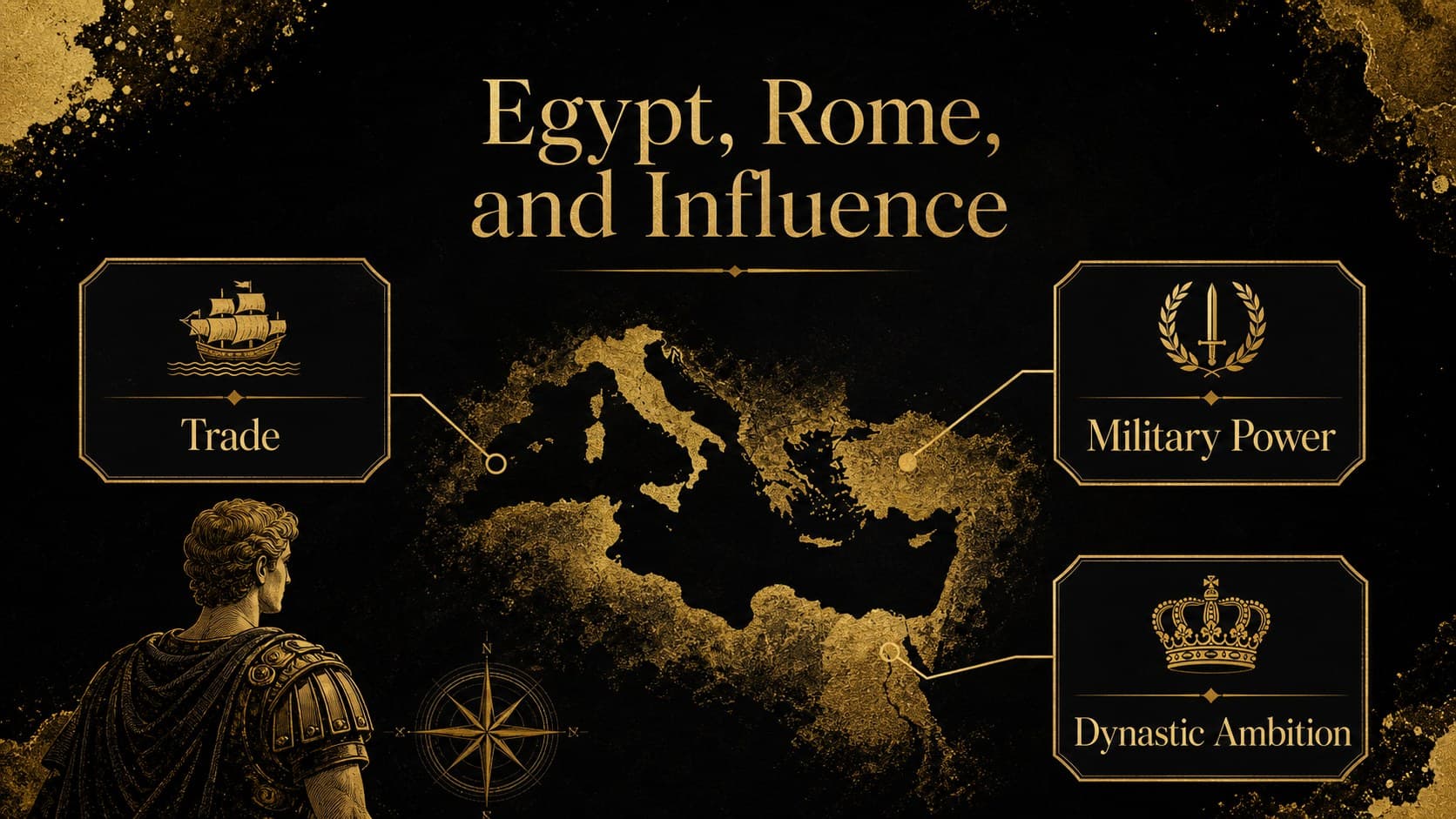 Cleopatra classroom presentation slide mapping her relationship with Rome and Mark Antony.