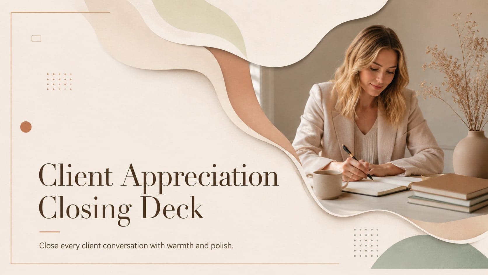 Cover of a client appreciation closing deck with an elegant beige background and colorful business accents.