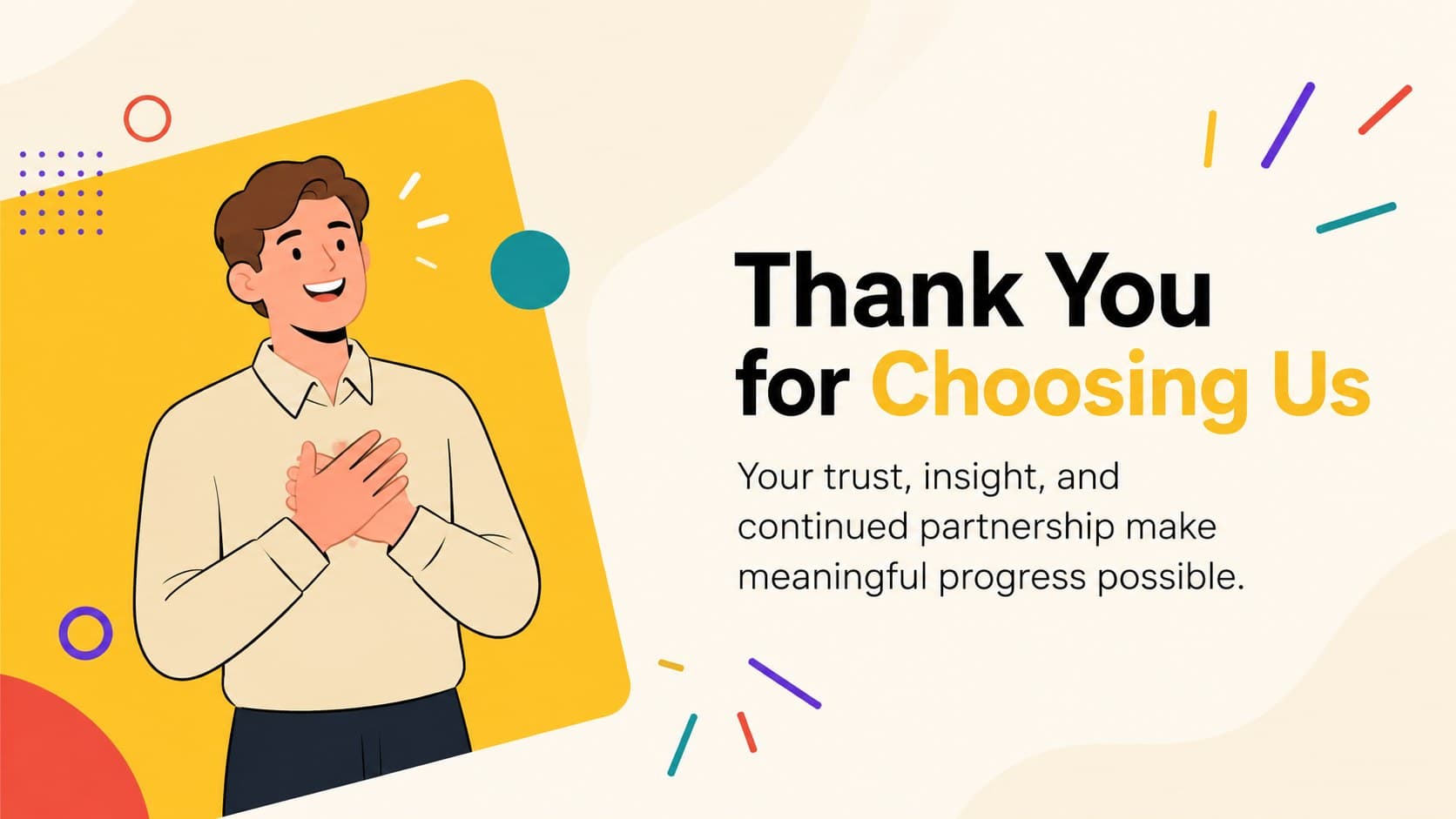 Business gratitude slide featuring a sincere client appreciation message in a warm minimalist layout.