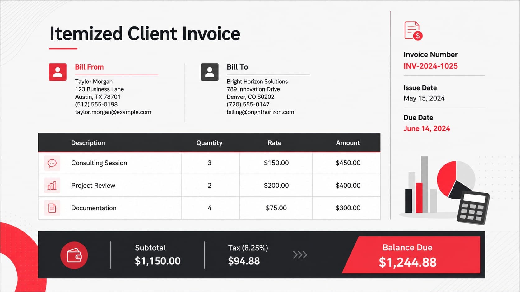 Itemized editable client invoice spreadsheet with customer details, service rows, taxes, and an amount-due summary.