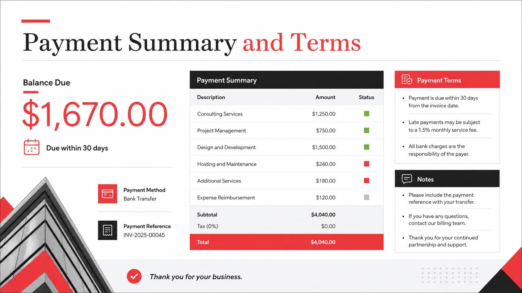 Professional billing template for small business showing payment terms, invoice totals, and client notes.