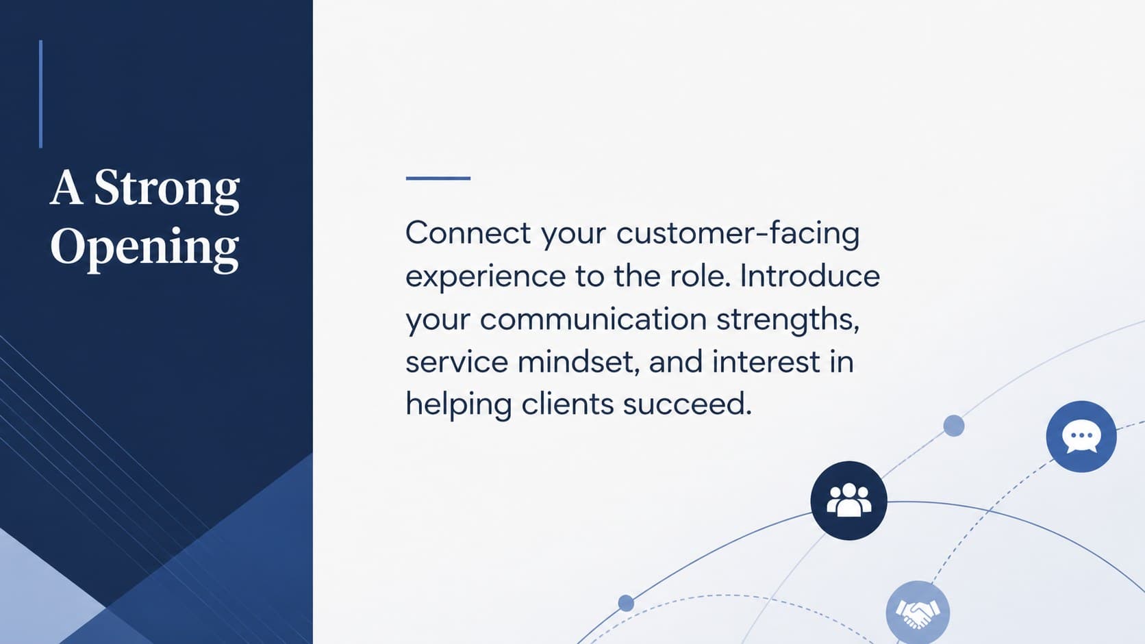 Client experience cover letter opening slide featuring a professional introduction and customer-focused strengths.